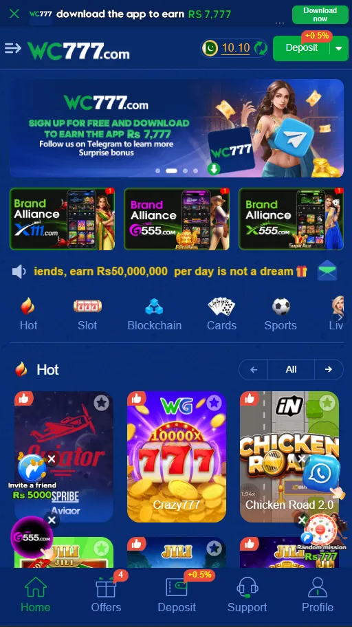 wc777 Game homepage showing different games to play and options