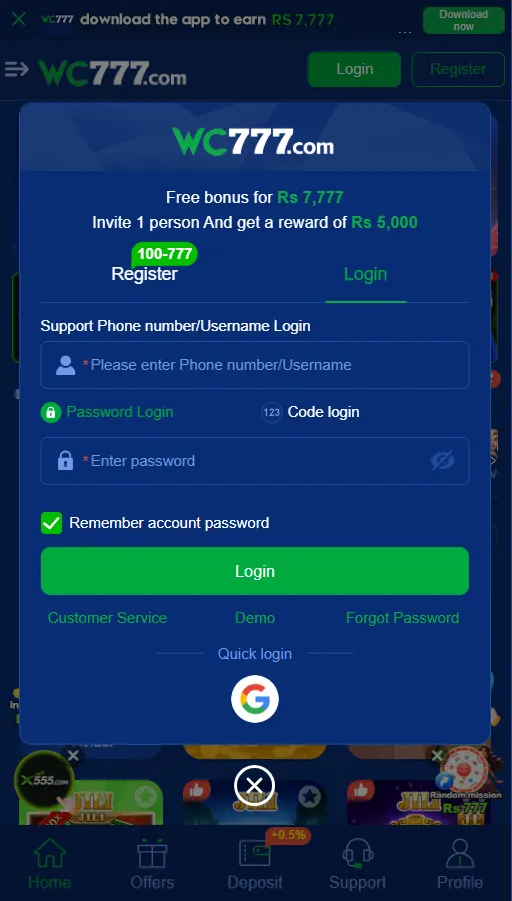 Login to game with the phone numer you registered